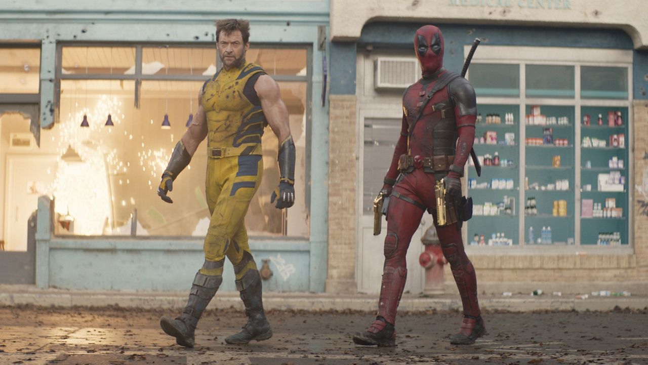 This image released by 20th Century Studios/Marvel Studios shows Hugh Jackman as Wolverine/Logan, left, and Ryan Reynolds as Deadpool/Wade Wilson in a scene from "Deadpool & Wolverine." (20th Century Studios/Marvel Studios via AP)