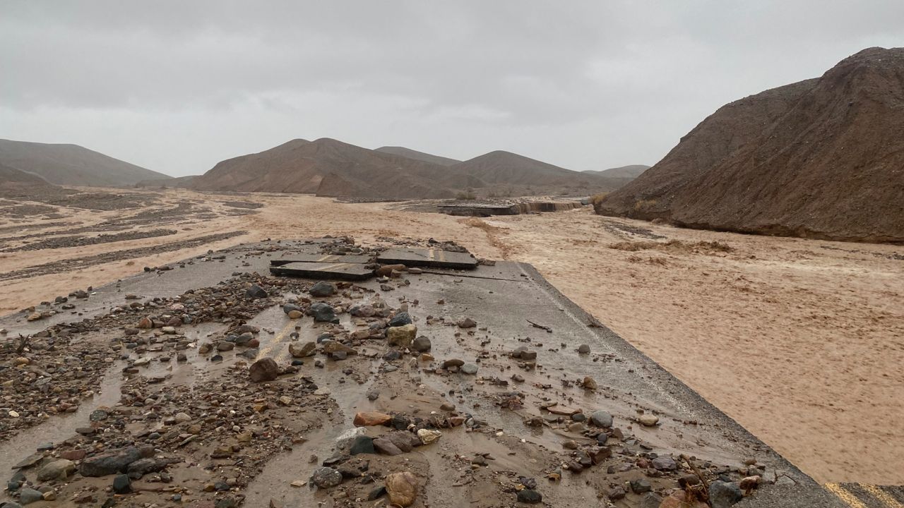 In this photo provided by the National Park Service, Mud Canyon Road is closed due to flash flooding in Death Valley, Calif., Friday, Aug. 5, 2022. (National Park Service/Death Valley National Park via AP, File)