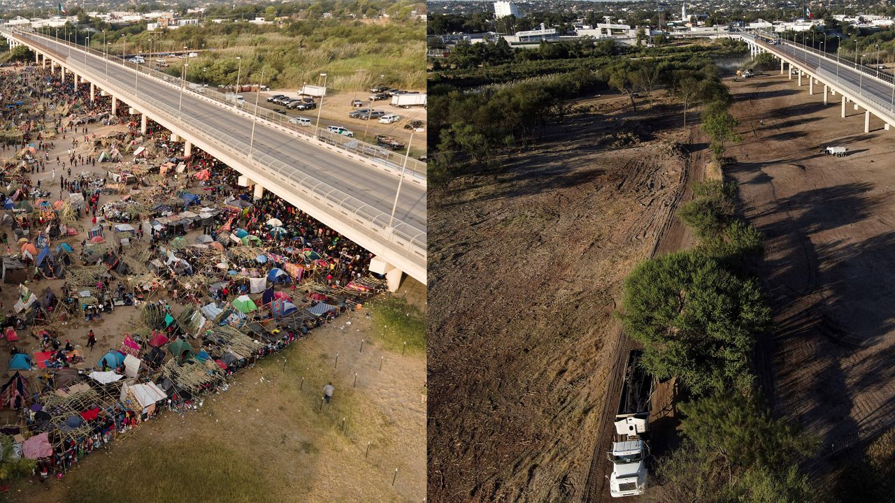This photo combination shows an area where migrants, many from Haiti, were encamped along the Del Rio International Bridge on Tuesday, Sept. 21, 2021, and a photo showing the area after it was cleared off by authorities, Saturday, Sept. 25, 2021, in Del Rio, Texas. (AP Photo/Julio Cortez)