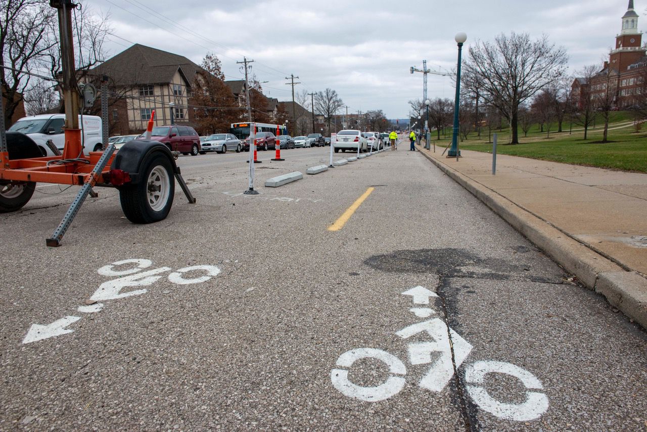 An example of a designated, protected bike lane recently installed in Cincinnati. (Photo courtesy of Devou Good Foundation)