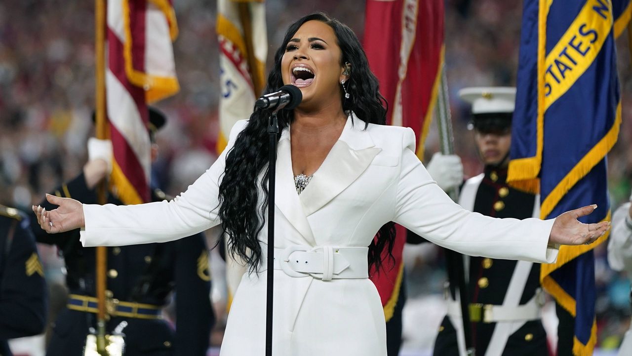 Demi Lovato performs the national anthem before Super Bowl LIV in Miami Gardens, Fla., on Feb. 2, 2020. (AP Photo/David J. Phillip, File)