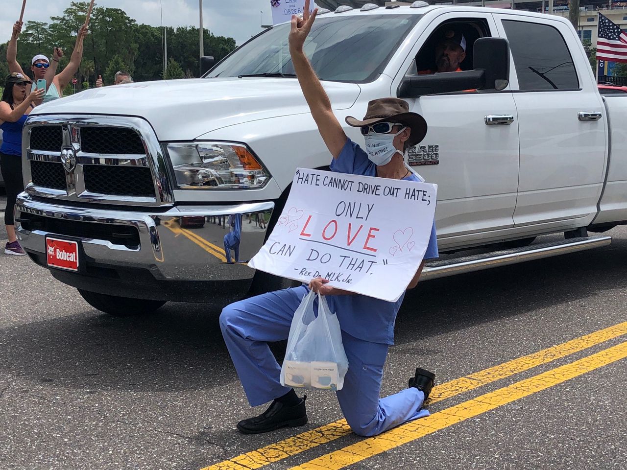 A protester takes part in a Black Lives Matter demonstration on W. Tampa Bay Boulevard in Tampa, Saturday, June 13, 2020. (Ashley Paul/Spectrum Bay News 9)