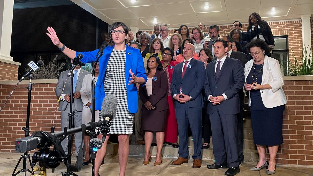 In this May 31, 2021, file photo, Texas state Rep. Jessica Gonzalez speaks during a news conference in Austin, Texas, after House Democrats pulled off a dramatic, last-ditch walkout and blocked one of the most restrictive voting bills in the U.S. from passing before a midnight deadline. (AP Photo/Acacia Coronado, File)