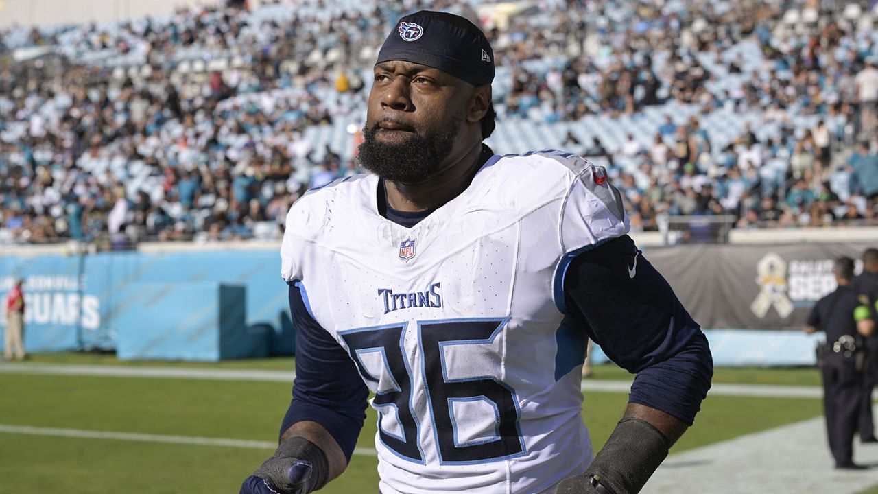 Tennessee Titans defensive end Denico Autry (96) runs onto the field during a NFL football game against the Jacksonville Jaguars, Nov. 19, 2023, in Jacksonville, Fla. Autry, now a defensive lineman for the Houston Texans, was suspended for the first six games of the regular season for violating the NFL's performance-enhancing substances policy, the league announced Monday, July 29, 2024. (AP Photo/Phelan M. Ebenhack)