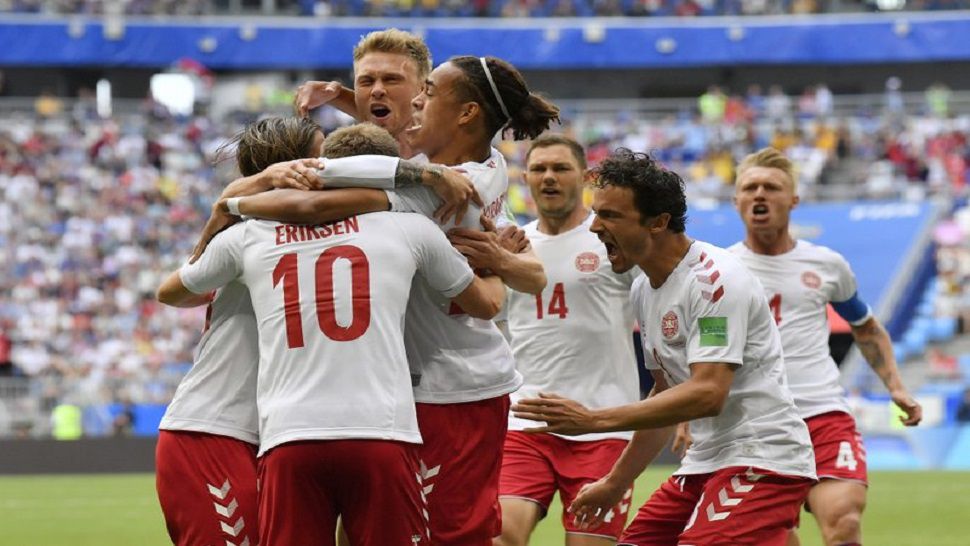 Denmark’s players celebrate after Christian Eriksen scored the opening goal during the group C match between Denmark and Australia at the 2018 soccer World Cup in the Samara Arena in Samara, Russia, Thursday, June 21, 2018. (AP Photo/Martin Meissner)