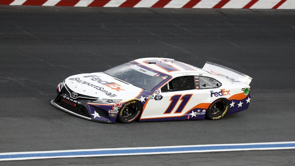 A piece of tungsten flew off of Denny Hamlin's car Sunday during the pace laps at Charlotte Motor Speedway.