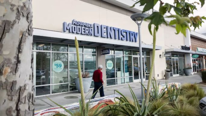 Alhambra Modern Dentistry shares the upscale Alhambra shopping center with Sephora and Sprouts Farmers Market. (Myung J. Chun / Los Angeles Times)