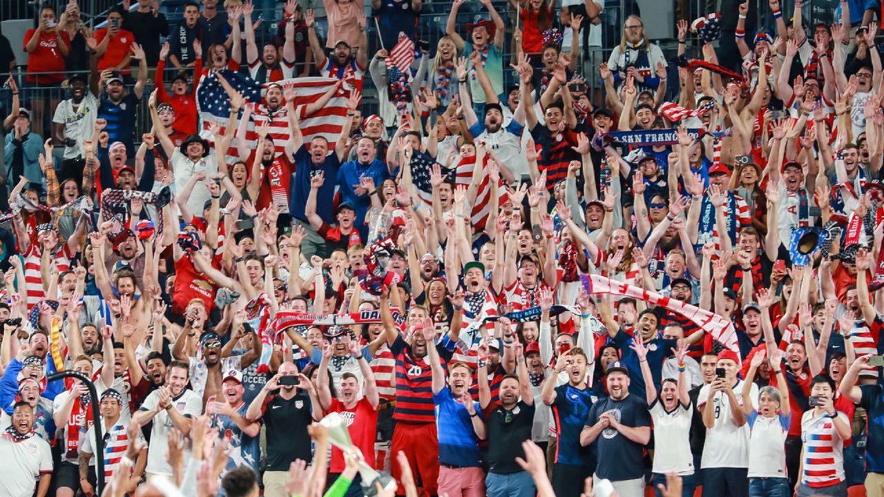 The U.S. Men's National Team celebrates with the American Outlaws following their 3-2 victory over Mexico in the CONCACAF Nations League final June 6 in Denver. (American Outlaws/Gary Dougherty)