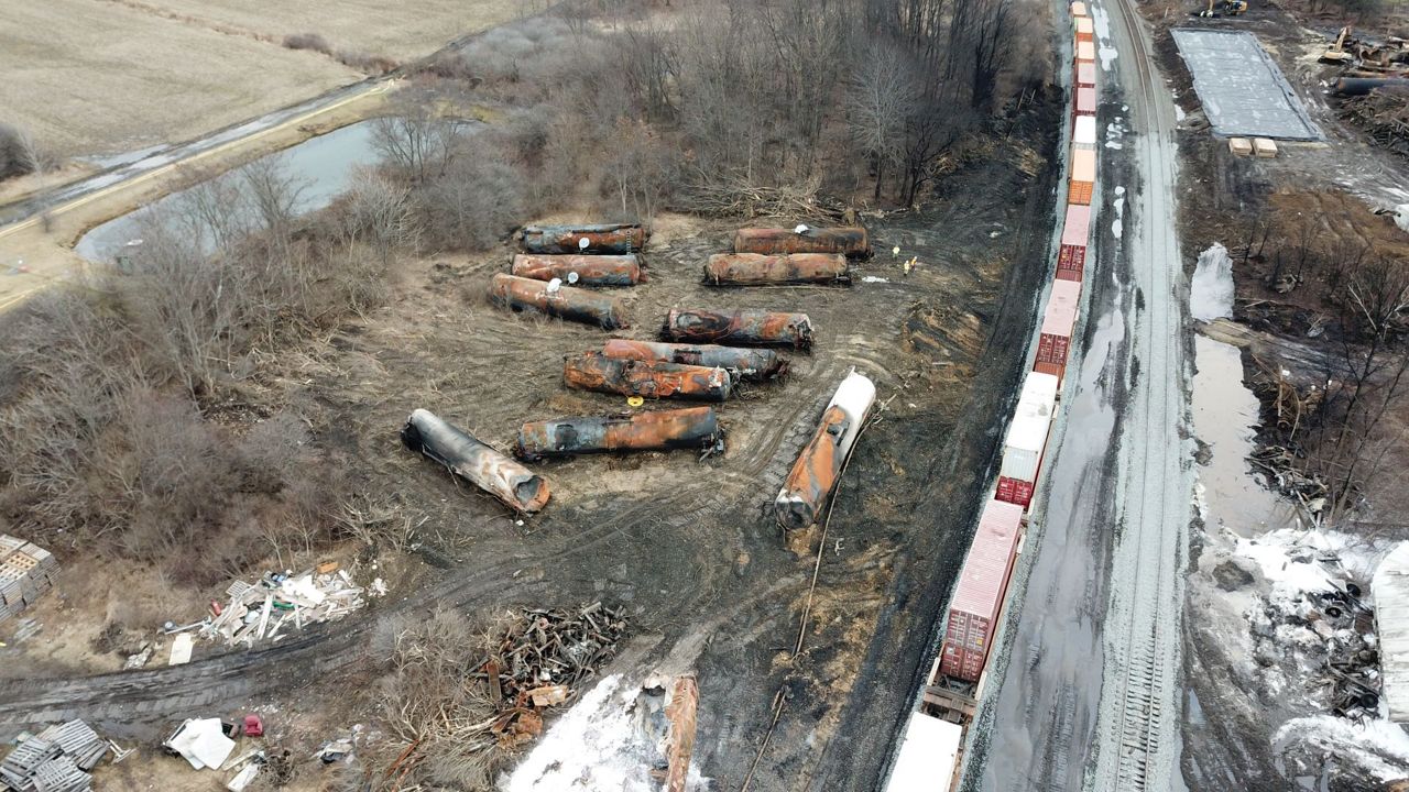 Remains of the train derailment in East Palestine. (Spectrum News 1/ Dominic Ferrante)