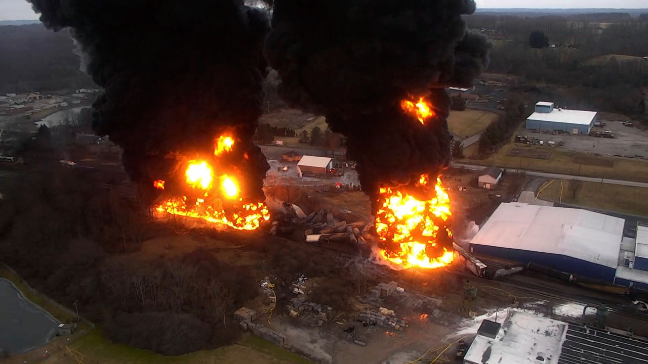 A frame grab from drone video taken by the Columbiana County Commissioner’s Office and released by the NTSB shows towering flames and columns of smoke resulting from a "vent and burn" operation following the train derailment in East Palestine, Ohio, on Feb. 6, 2023. 