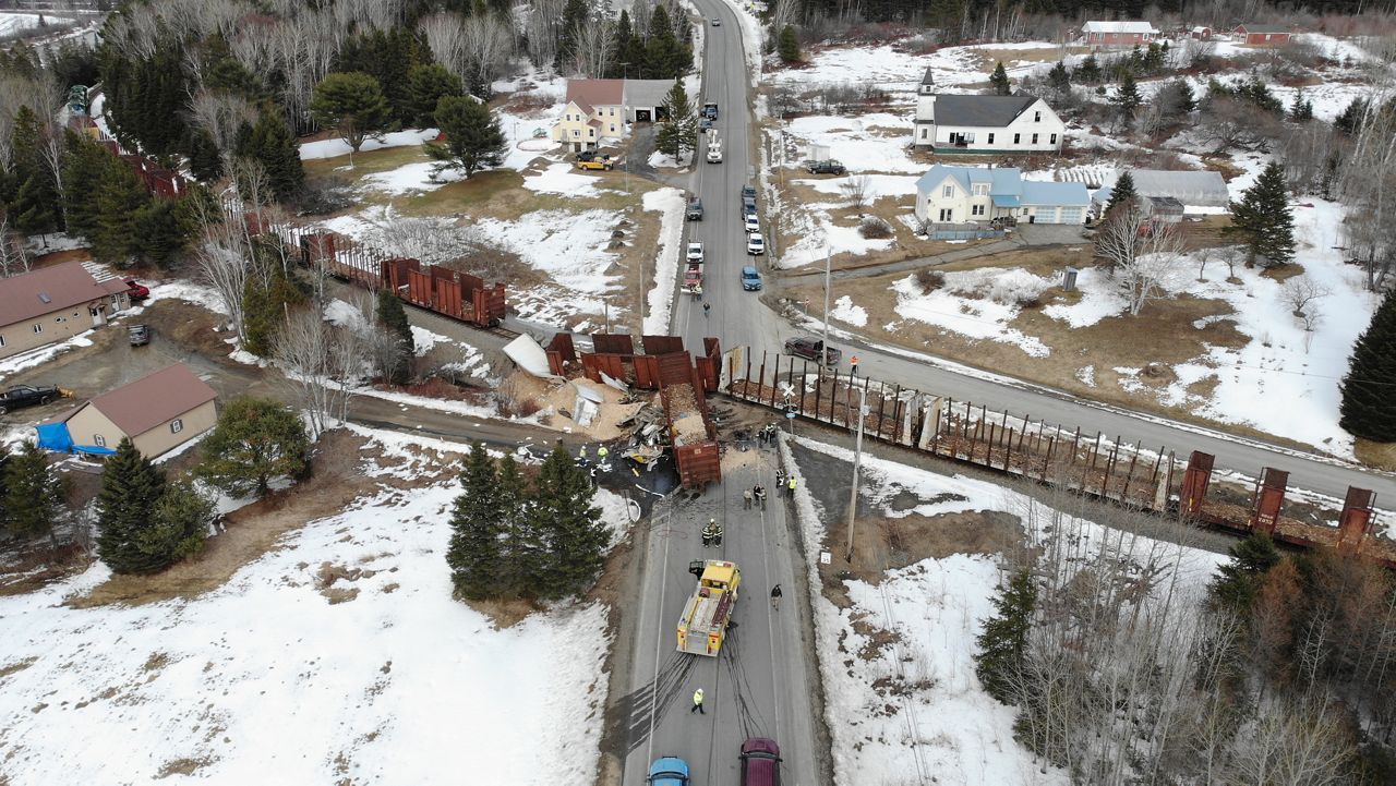 A train was derailed Wednesday after being struck by a truck in Aroostook County. (Maine Forest Service photo)