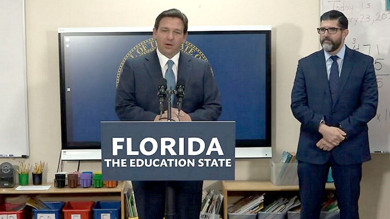 Gov. Ron DeSantis announced several new education initiatives on Jan. 23 while visiting a charter school in Jacksonville. (Spectrum News image)
