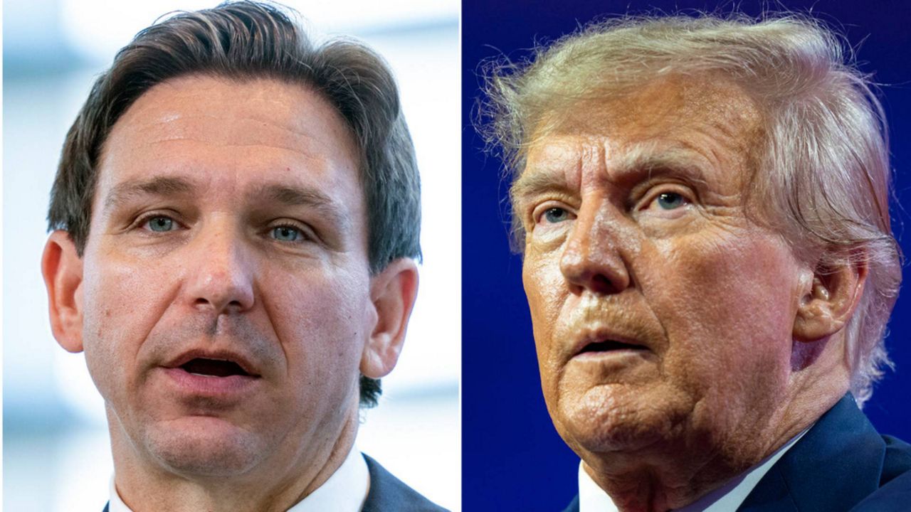 This combination of photos shows Florida Gov. Ron DeSantis speaking on April 21, 2023 and former President Donald Trump speaking on March 4, 2023.