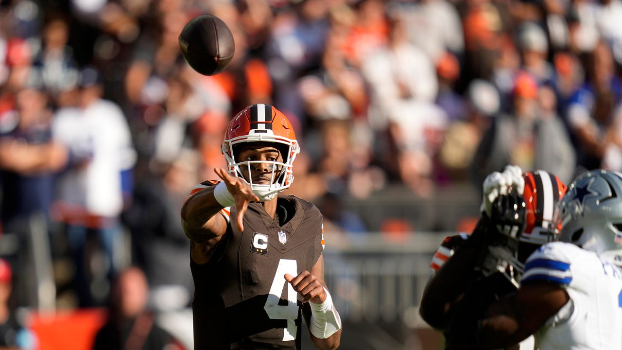 Cleveland Browns quarterback Deshaun Watson (4) throws a pass in the first half of an NFL football game against the Dallas Cowboys in Cleveland, Sunday, Sept. 8, 2024. (AP Photo/Sue Ogrocki)