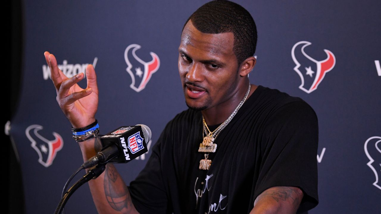 Houston Texans quarterback Deshaun Watson speaks during a news conference after an NFL football game against the Los Angeles Chargers, Sunday, Sept. 22, 2019, in Carson, Calif. The Houston Texans had been told that their former quarterback Deshaun Watson was sexually assaulting and harassing women during massage sessions, but instead of trying to stop him, the team provided him with resources to enable his actions and “turned a blind eye” to his behavior, according to a lawsuit filed Monday, June 27, 2022. Watson, who was later traded to the Cleveland Browns, has denied any wrongdoing and vowed to clear his name. (AP Photo/Mark J. Terrill, File)