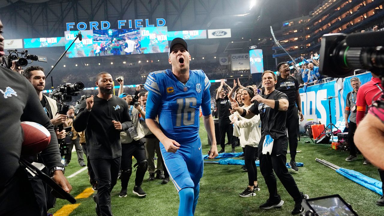 Detroit Lions quarterback Jared Goff walks off the field after an NFL wild-card playoff football game against the Los Angeles Rams, Sunday, Jan. 14, 2024, in Detroit. (AP Photo/Paul Sancya)