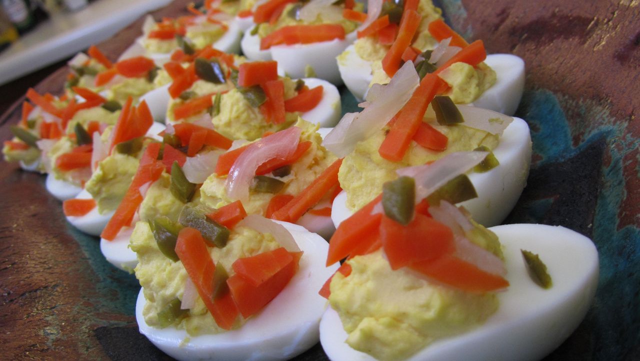 Deviled Eggs with Spicy Pickled Vegetables