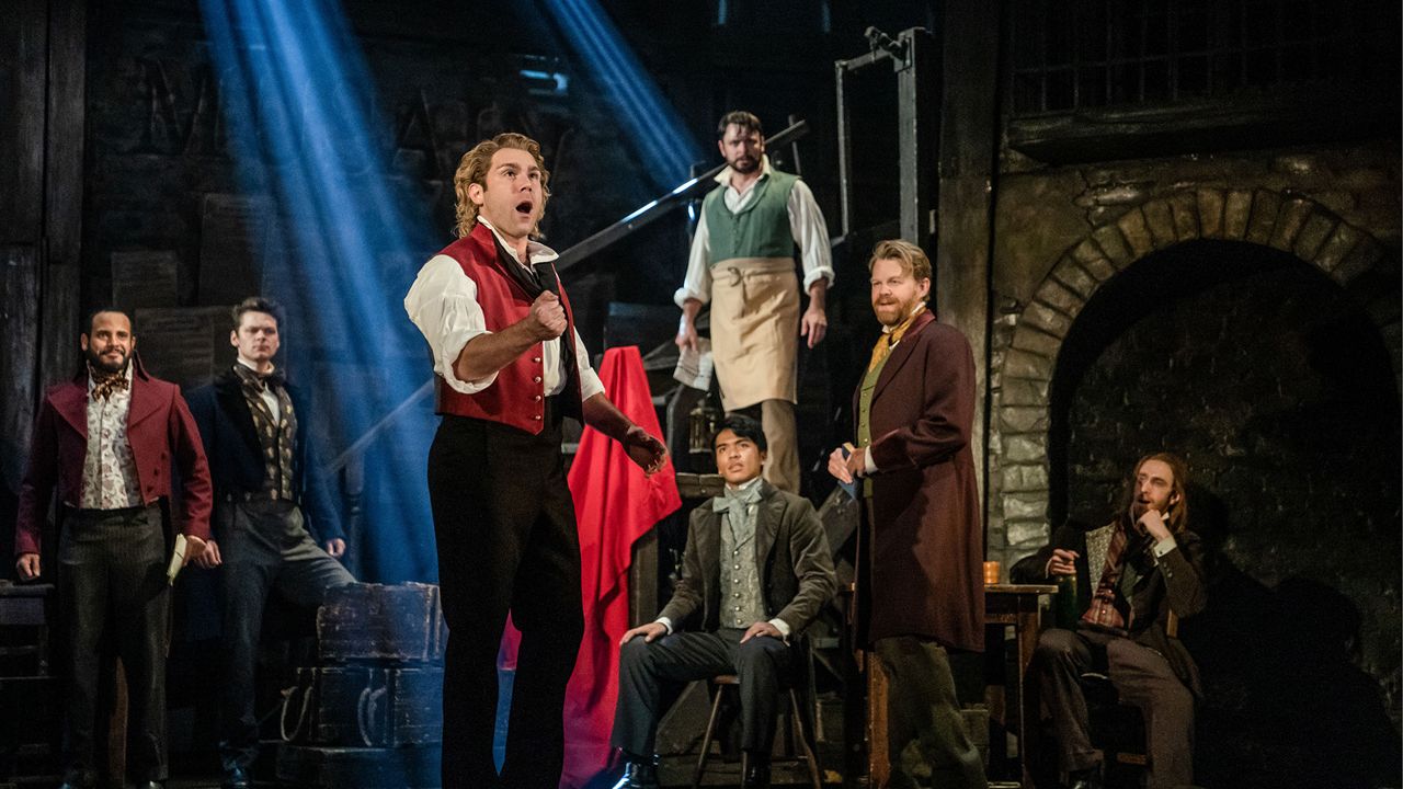 "Red and Black" - Devin Archer as Enjolras and company in Les Misérables (Photo: Matthew Murphy & Evan Zimmerman for MurphyMade)