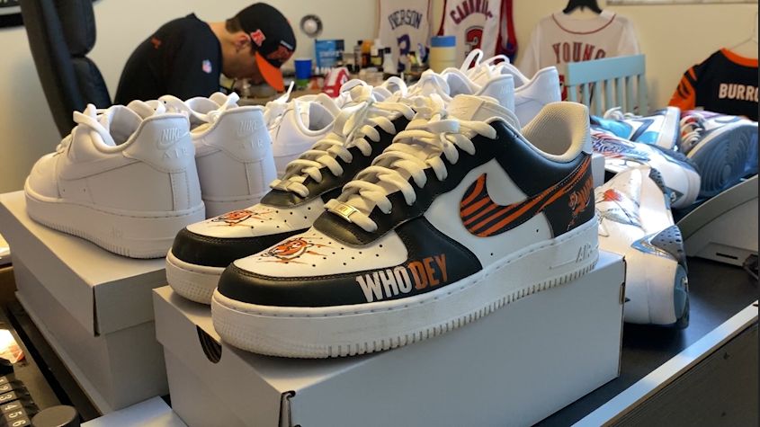 College student creates custom Bengals shoes