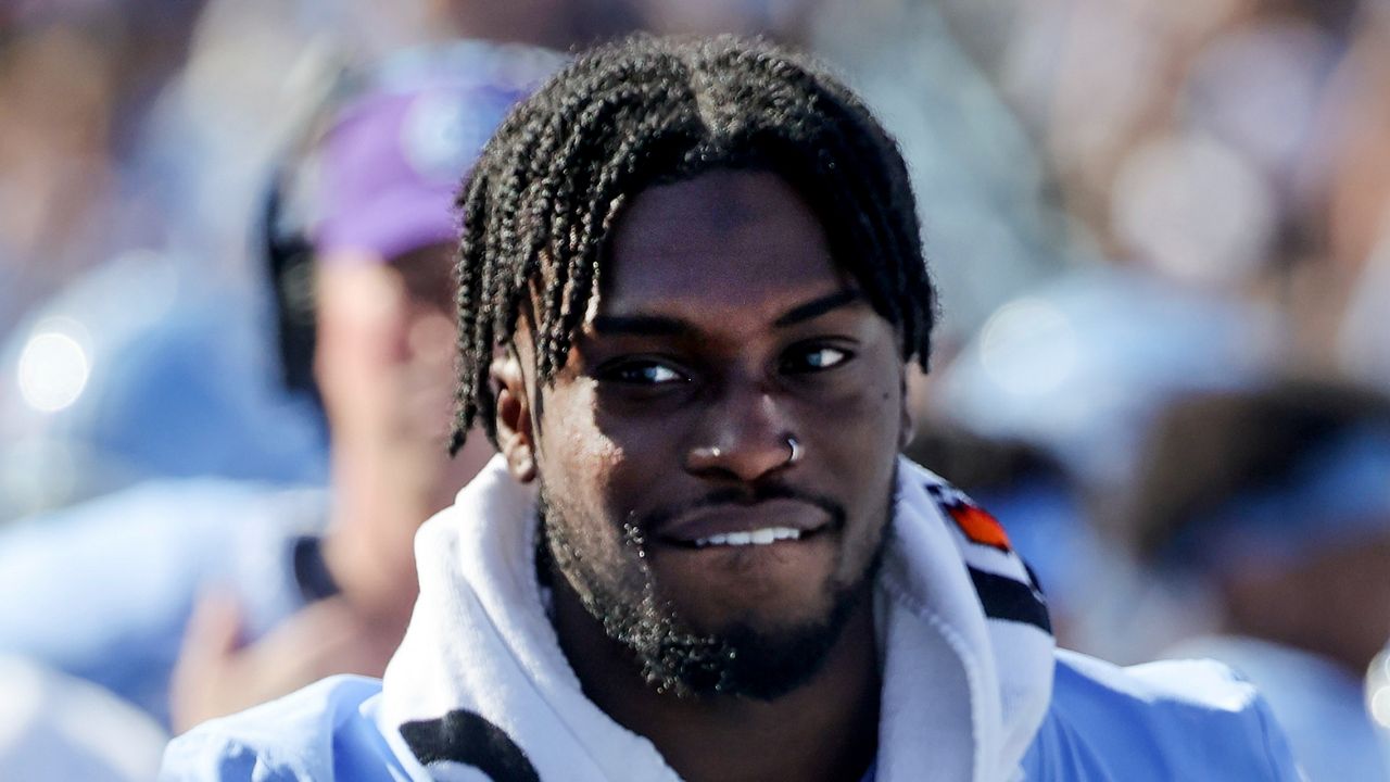 Carolina Panthers linebacker Damien Wilson watches during the first have of  an NFL preseason football game against the Buffalo Bills on Friday, Aug.  26, 2022, in Charlotte, N.C. (AP Photo/Jacob Kupferman Stock