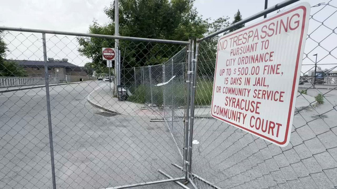 fence along dickerson street in syracuse with a no-trespassing sign
