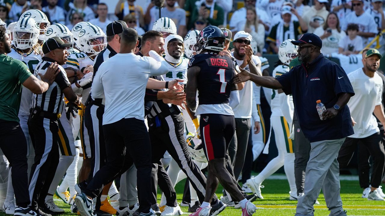 Houston Texans wide receiver Stefon Diggs (1) gets into a scuffle before an NFL football game 