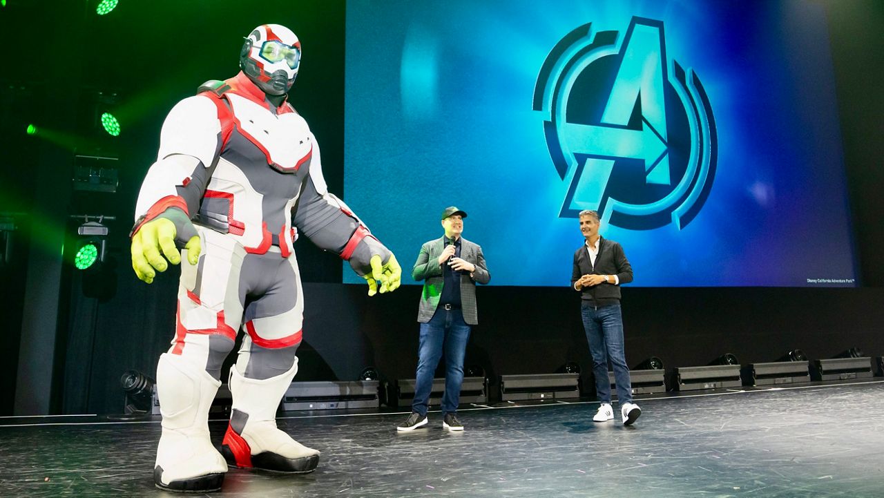 At the recent D23 Expo, Marvel President Kevin Feige, center, and Disney Parks Chairman Josh D'Amaro, right, show off the new Incredible Hulk mascot available for photo ops with visitors of Avengers Campus at Disney California Adventure. (Courtesy Disney)