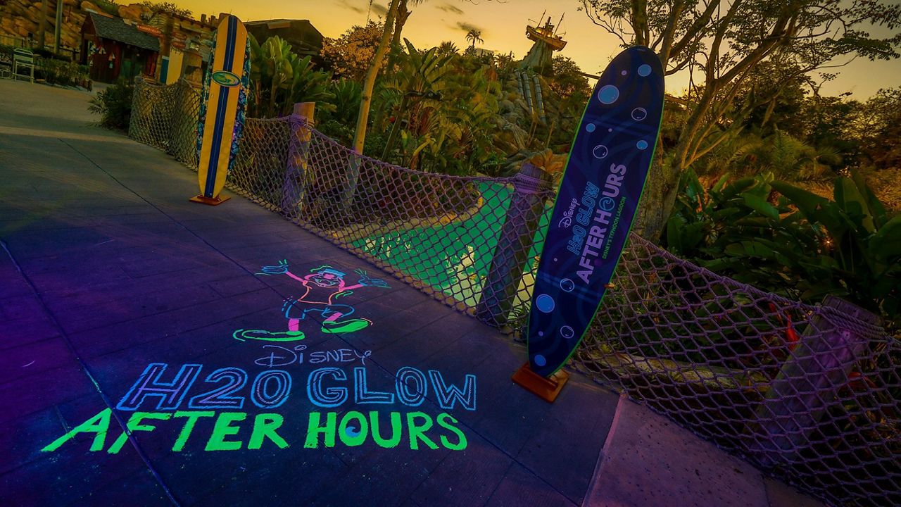 (Mar. 14) Neon chalk art reveals the return of Disney H2O Glow After Hours starting May 25. The art by Walt Disney World Resort cast members showcases the “glowing’’ good time that awaits guests at Disney’s Typhoon Lagoon Water Park on 18 select evenings from May 25 to Aug. 31, 2024. (Courtesy: Disney/Olga Thompson, photographer)