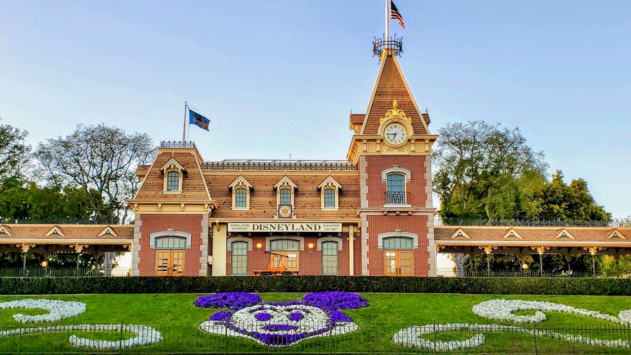 The floral bed in front of Main Street Train Station at Disneyland entrance. (Spectrum News/Joseph Pimentel)