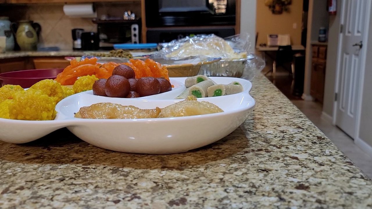 Food is set out for a Diwali celebration in this image from 2019. (Nimish and Jolly Pathak)