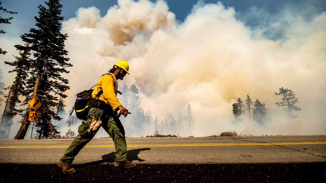 A firefighter battles the Dixie Fire along Highway 89 in Lassen National Forest, Calif., on Monday, Aug. 16, 2021. Critical fire weather throughout the region threatens to spread multiple wildfires burning in Northern California. (AP Photo/Noah Berger)