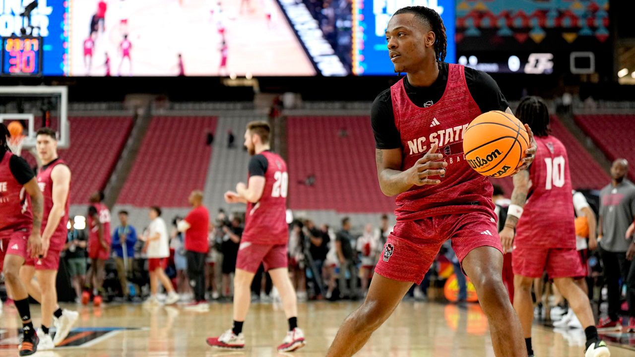 N.C. State guard DJ Horne practices ahead of a Final Four college basketball game in the NCAA Tournament, Friday, April 5, 2024, in Glendale, Ariz. North Carolina State plays Purdue. (AP Photo/Brynn Anderson )