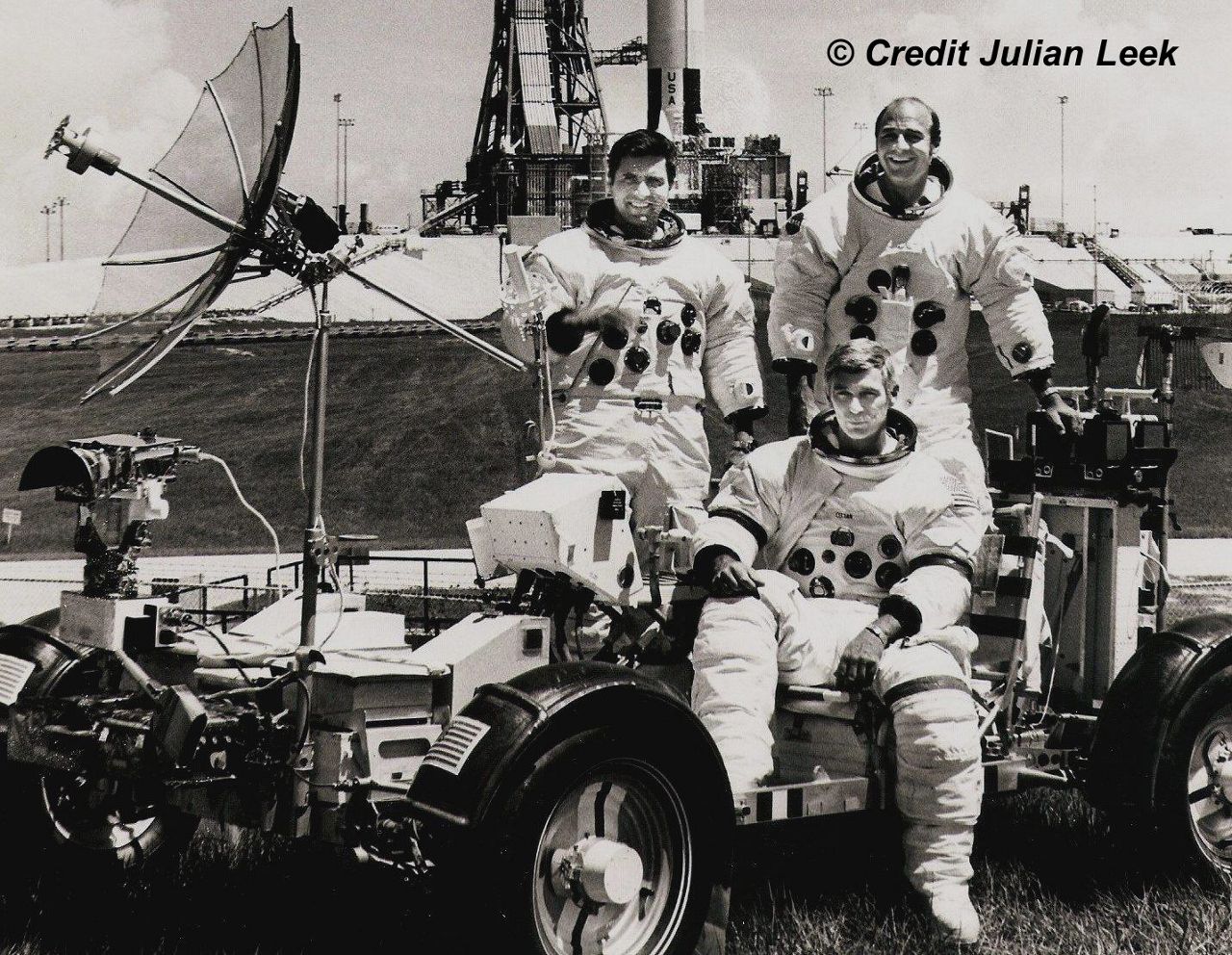 Lunar Module Pilot Harrison H. Schmitt, Commander Eugene A. Cernan and Command Module Pilot Ron Evans pose with a Lunar Roving Vehicle in 1972. (Julian Leek)