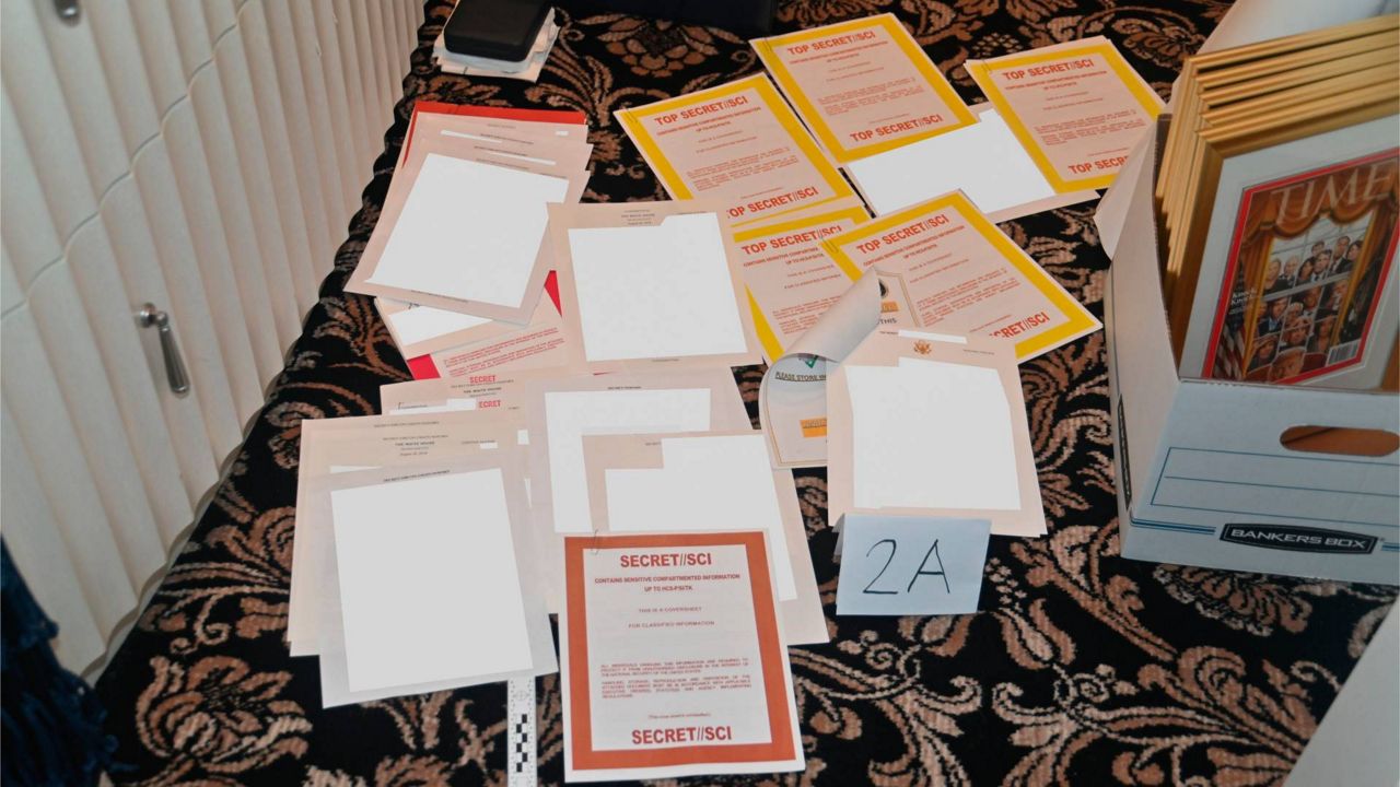 A photo of documents seized during the Aug. 8 FBI search of former President Donald Trump's Mar-a-Lago estate. (Department of Justice via AP, File)