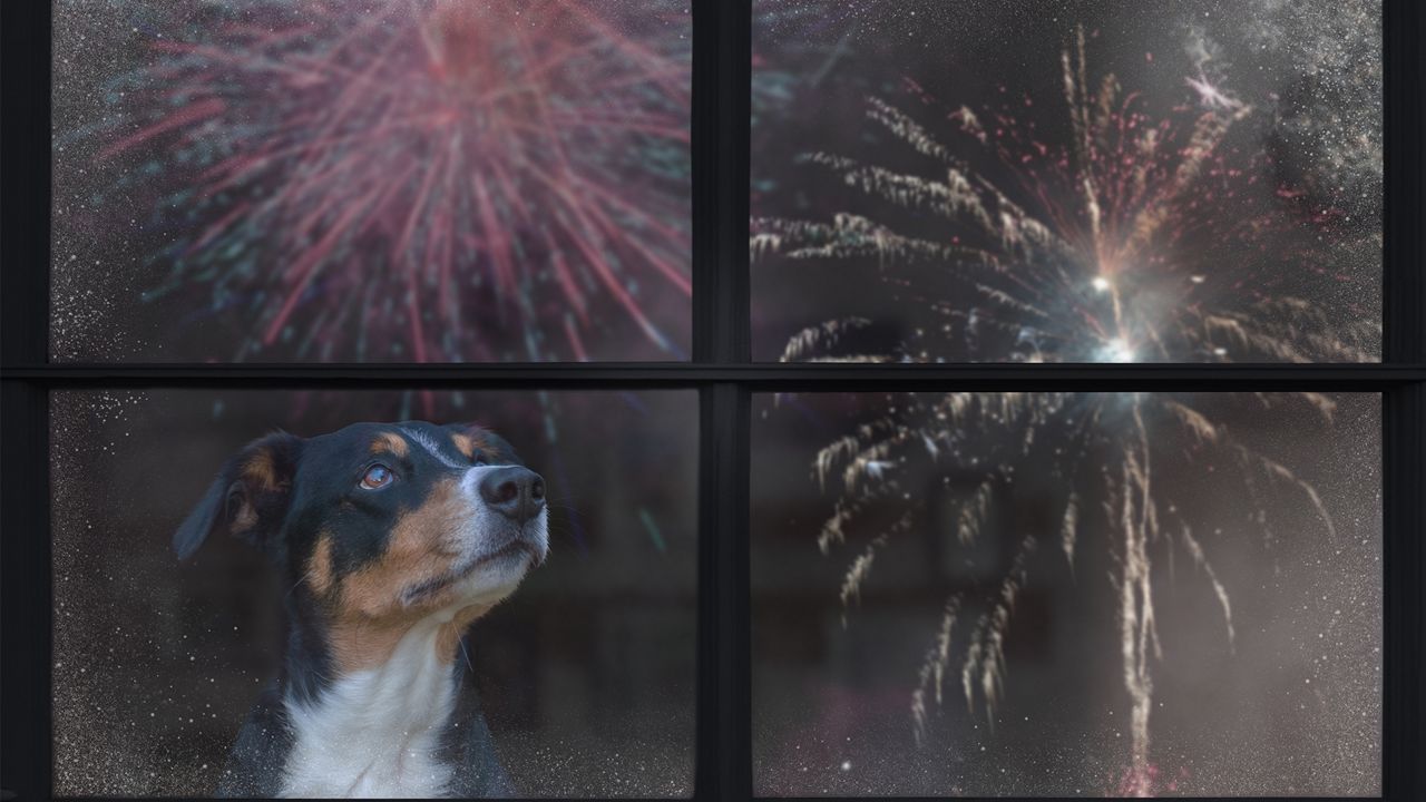 A dog looking at fireworks