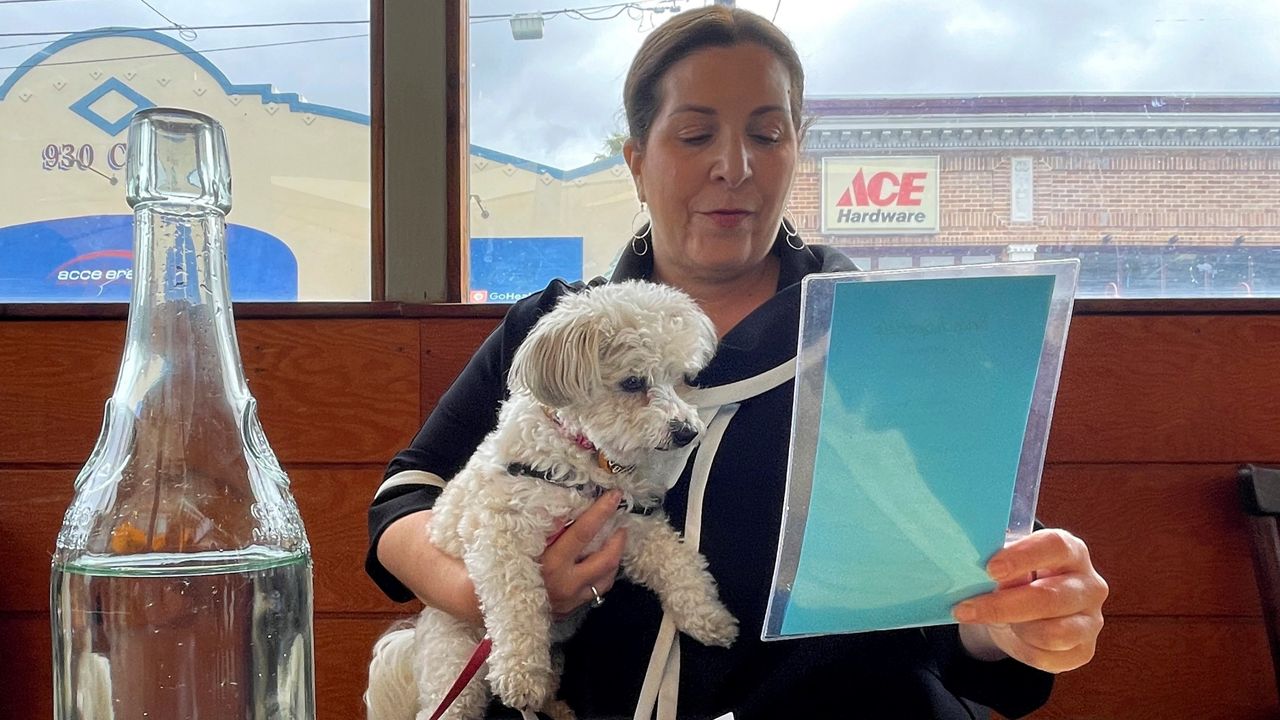 Ilana Minkoff checks out the menu with her dog JoJo Wigglebutt at a restaurant in San Francisco on Friday, May 5, 2023. (AP Photo/Haven Daley)