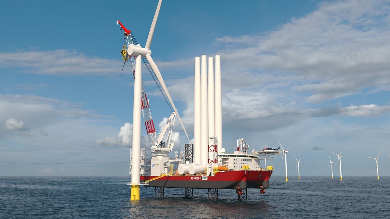 A rendering shows Dominion Energy's 472-foot installation ship at work assembling offshore wind turbines. The company announced it would build the $500 million ship in 2020. (Dominion Energy)