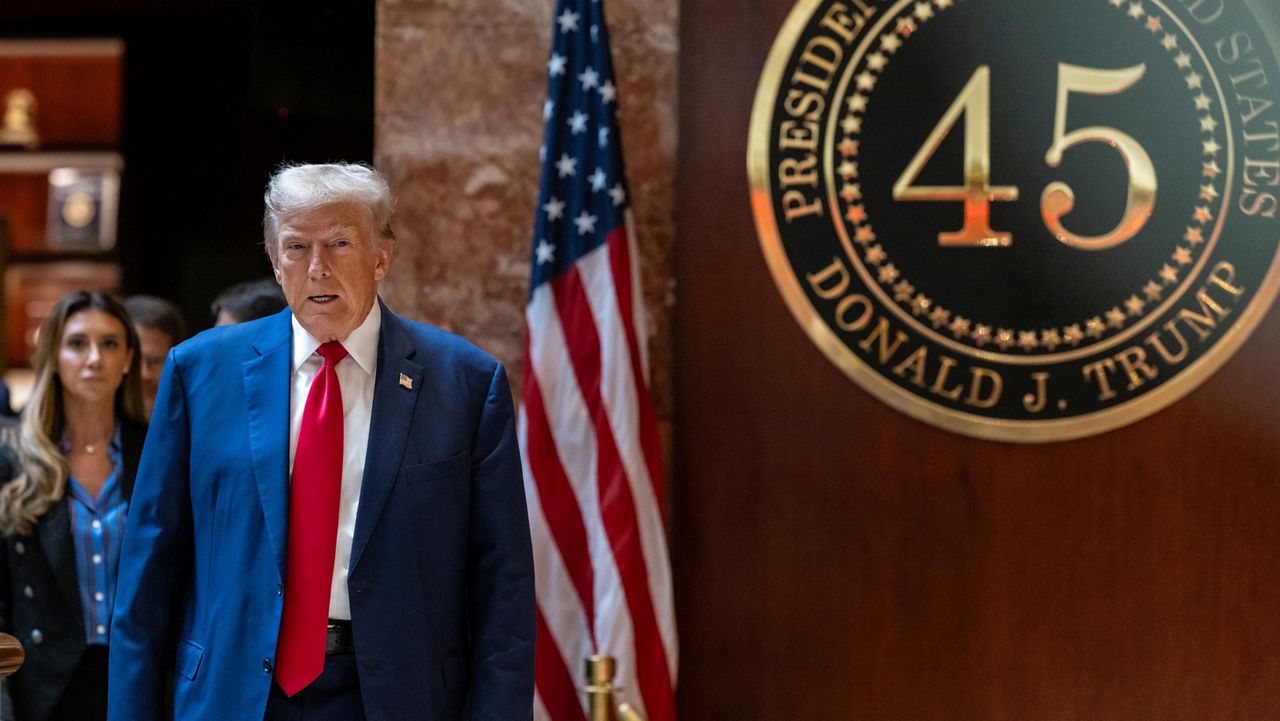 Republican presidential nominee former President Donald Trump arrives for a news conference held at Trump Tower, Friday, Sept., 6, 2024, in New York. (AP Photo/Stefan Jeremiah)