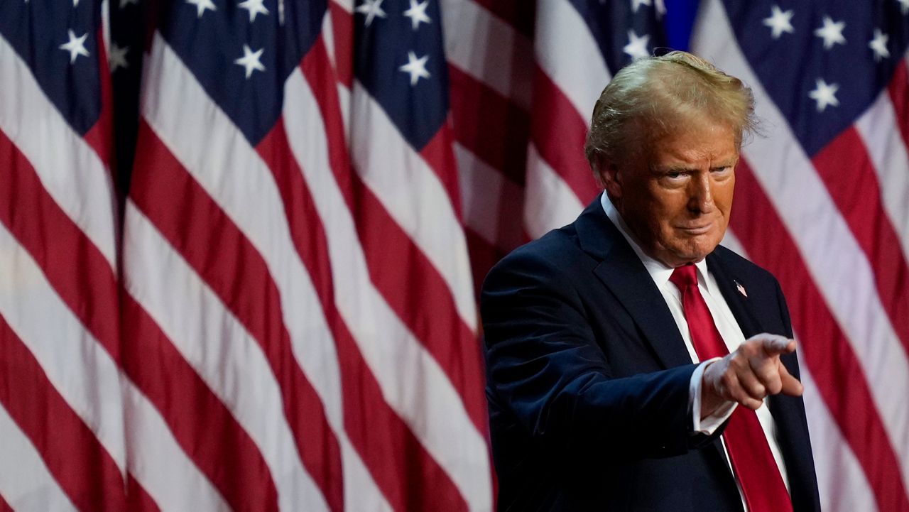 Republican presidential nominee former President Donald Trump points to the crowd at an election night watch party, Wednesday, Nov. 6, 2024, in West Palm Beach, Fla. (AP Photo/Julia Demaree Nikhinson)