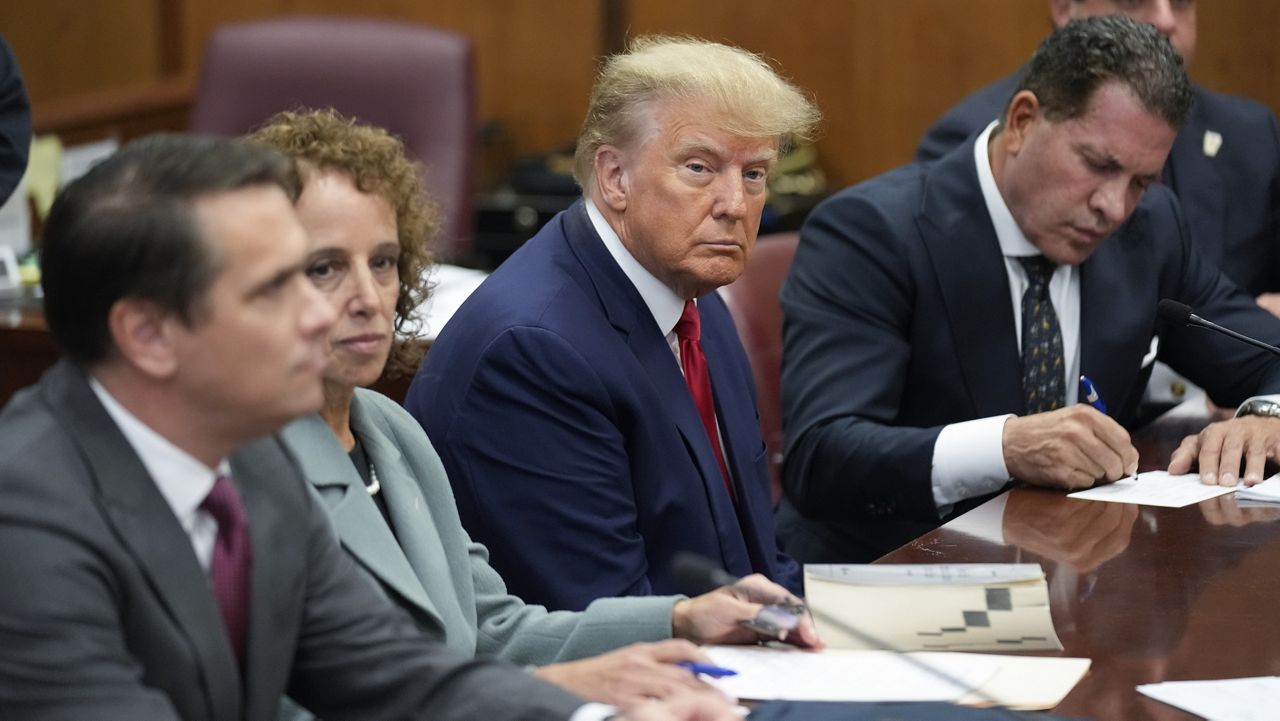 Former President Donald Trump appears in court for his first arraignment on April 4 in New York. (AP Photo/Seth Wenig, Pool, File)