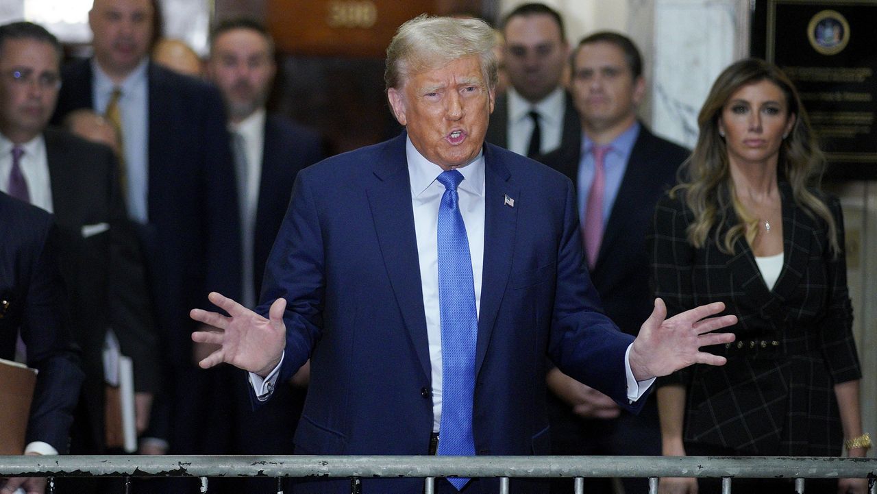 Former President Donald Trump speaks outside the courtroom after testifying at New York Supreme Court, Monday, Nov. 6, 2023, in New York. (AP Photo/Eduardo Munoz Alvarez)