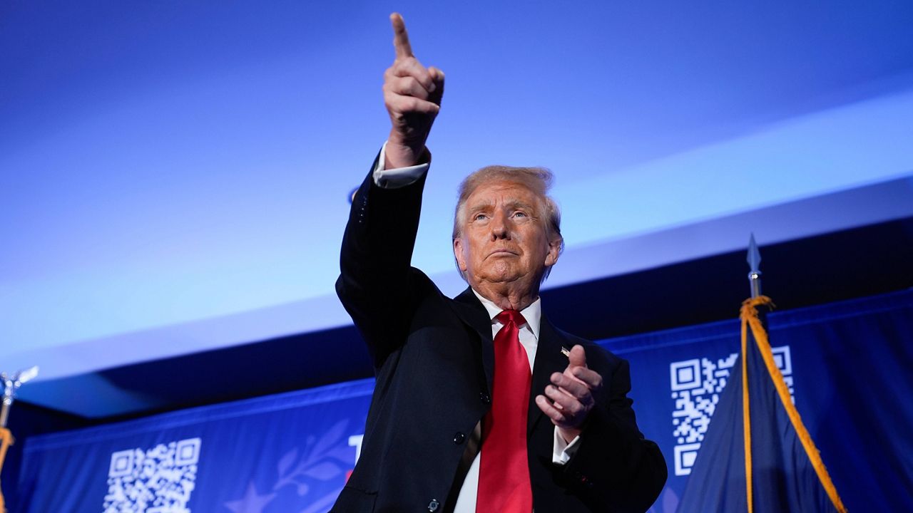 Republican presidential candidate and former President Donald Trump gestures after speaking at a campaign event in Portsmouth, N.H., Wednesday, Jan. 17, 2024. (AP Photo/Matt Rourke)