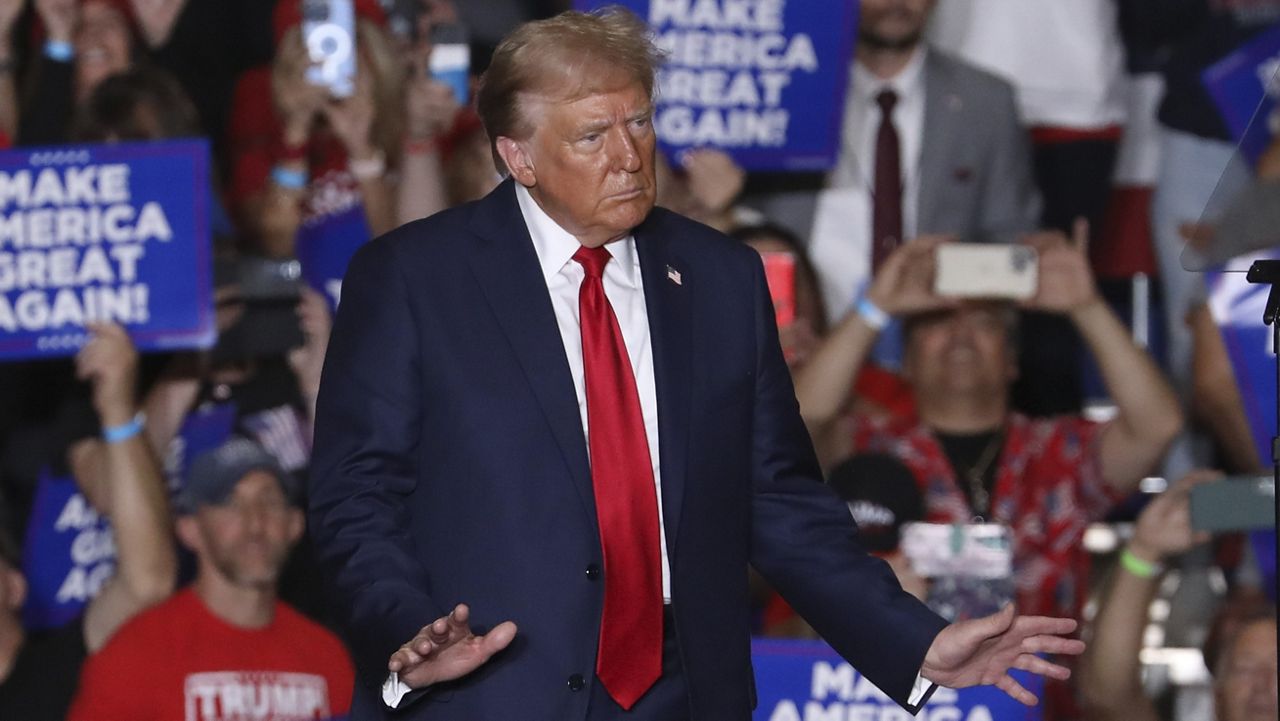 Republican presidential nominee and former President Donald Trump dances at a campaign rally at Bayfront Convention Center in Erie, Pa., Sunday, Sept. 29, 2024. (AP Photo/Rebecca Droke)