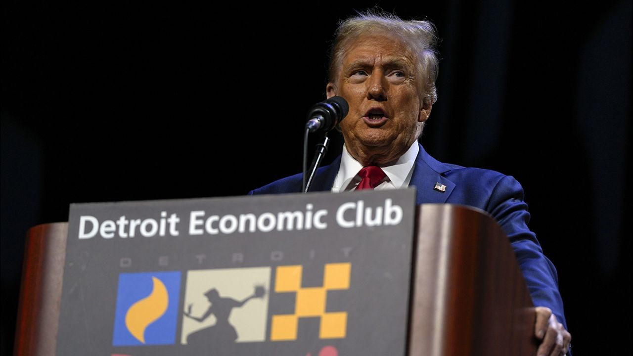 Republican presidential nominee and former President Donald Trump speaks at a meeting of the Detroit Economic Club, Thursday, Oct. 10, 2024, in Detroit. (AP Photo/Julia Demaree Nikhinson)