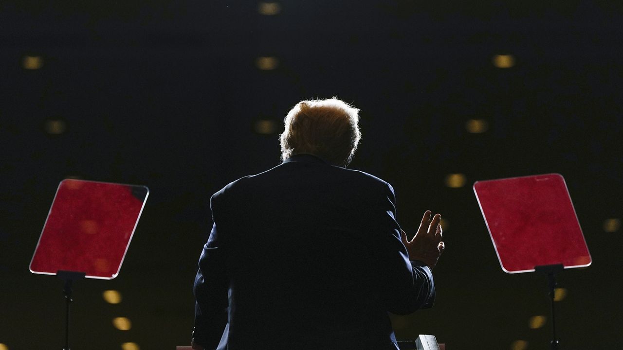 Republican presidential nominee former President Donald Trump speaks at a campaign rally at Grand Sierra Resort and Casino, Friday, Oct. 11, 2024, in Reno, Nev. (AP Photo/Julia Demaree Nikhinson)