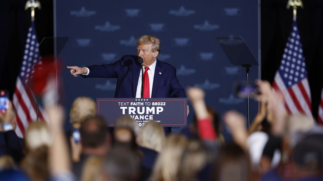 Republican presidential nominee and former President Donald Trump speaks at a campaign rally in Concord, N.C., Monday, Oct. 21, 2024. (AP Photo/Nell Redmond)