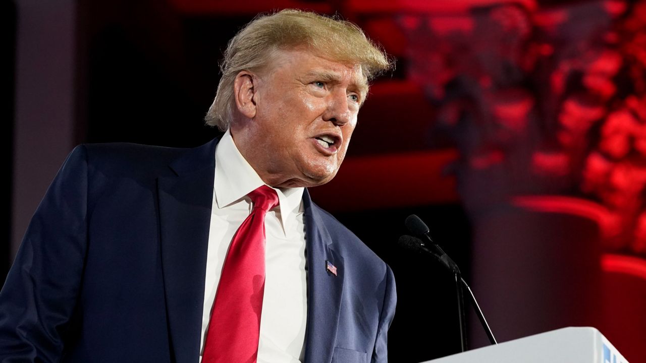 Former President Donald Trump speaks Friday at the Road to Majority conference in Nashville, Tenn. (AP Photo/Mark Humphrey)