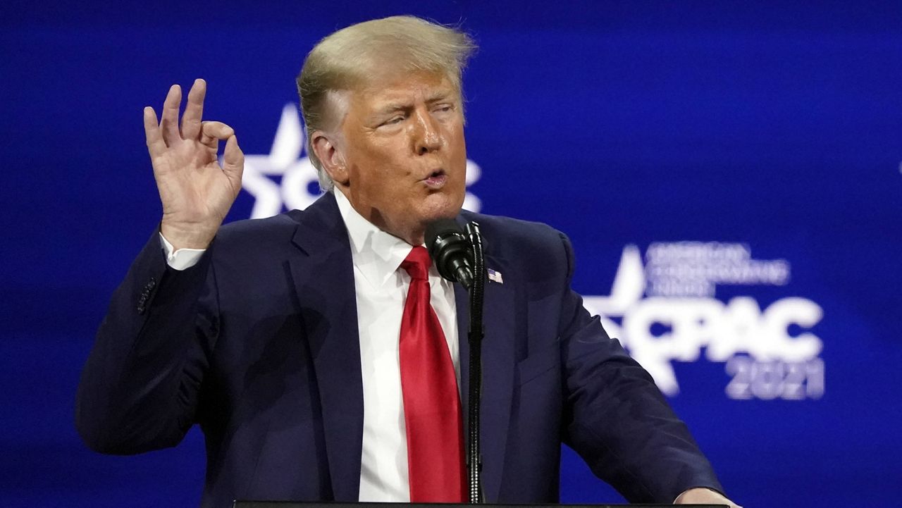 Former president Donald Trump speaks at the Conservative Political Action Conference (CPAC) Sunday, Feb. 28, 2021, in Orlando, Fla. (AP Photo/John Raoux)