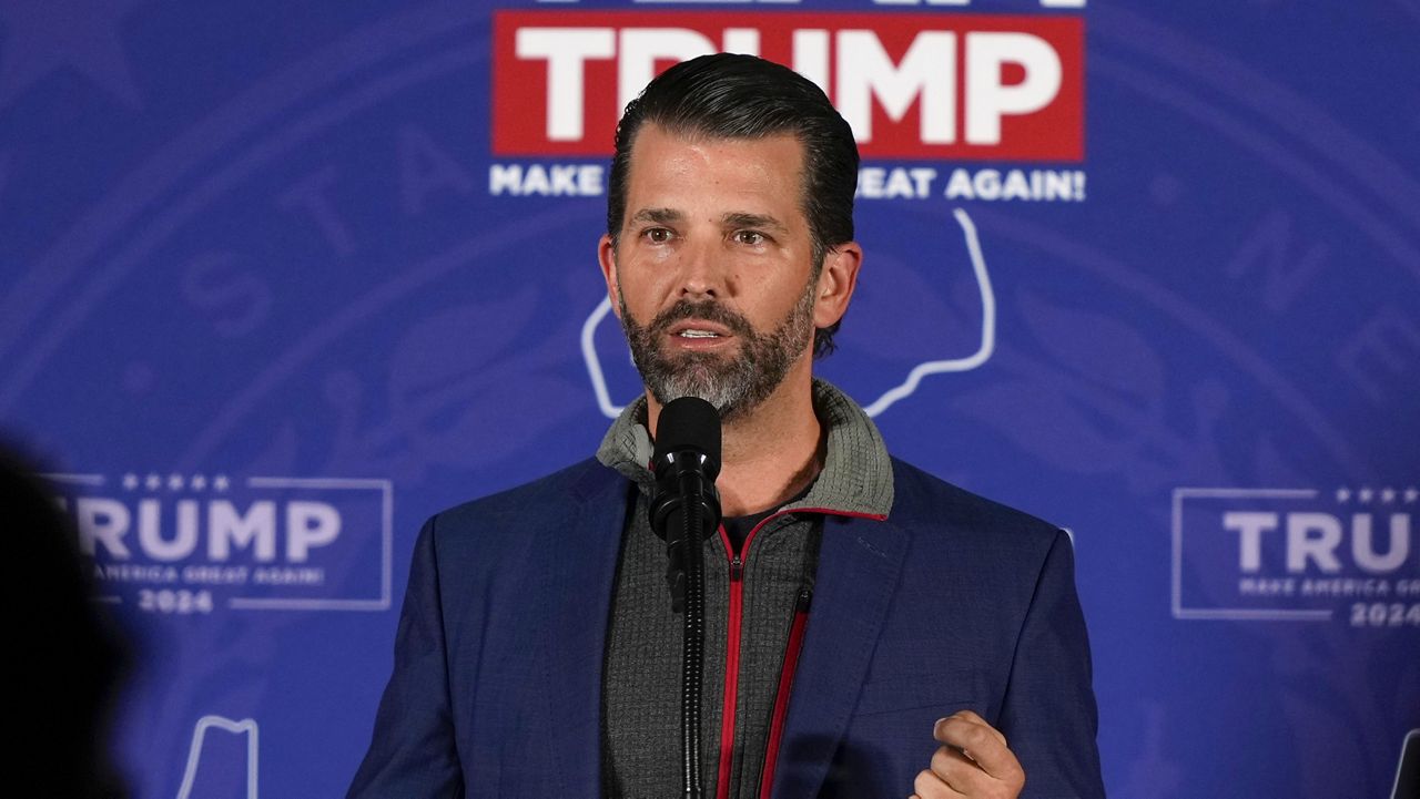 Donald Trump Jr., speaks at a rally for his father, Republican presidential candidate former President Donald Trump, in Laconia, N.H., Jan. 22, 2024. (AP Photo/Matt Rourke)