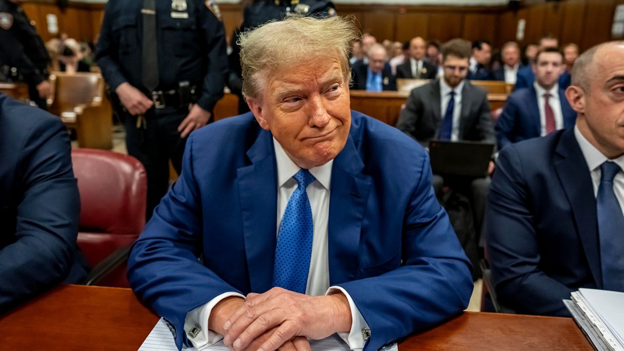 Former President Donald Trump sits in Manhattan Criminal Court during his ongoing hush money trial, Monday, May 20, 2024, in New York. (Mark Peterson/Pool Photo via AP)